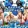 VOFGODI Video Game Birthday Decorations, 240Pcs Gaming Party Decorations for 10 Guests Banners, Balloons and Tablecloths, Boys Birthday Party Set Blue