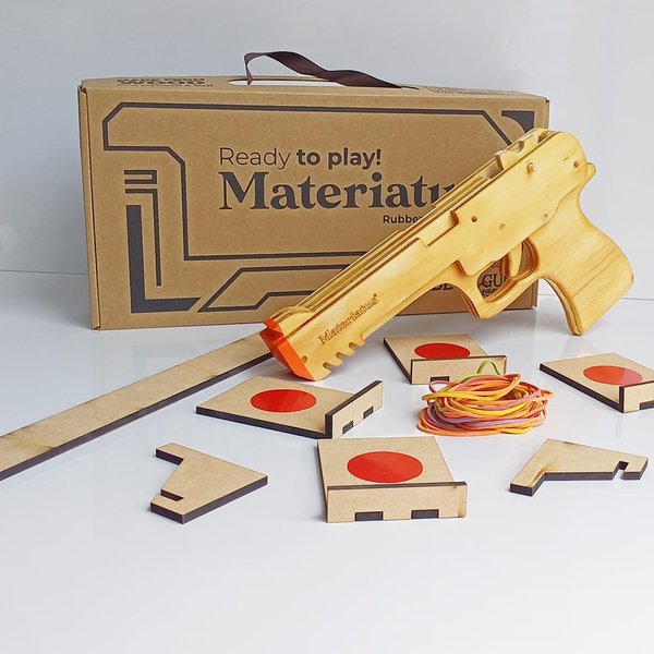 Wooden Multi-Shot Rubber Band Gun, model Walther P88 Champion, Ready To play, adult real size, include targets, Kids Toy Gun, Popular Toy as Gift for Children and Adults, fun game for party time.