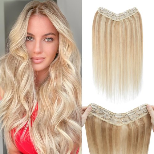 Benehair One Piece Clip in Hair Extensions Real Human Hair 3/4 Full Head V Shaped Weft Thicker Hair Lace Net One Piece Hair Extensions with 5 Clips (22"-75g #18P613 Ash Blonde Mixed Bleach Blonde)