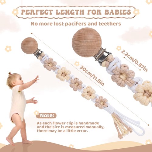 Symbolife Pacifier Clip for Boys Girls Floral Daisy Macrame Baby Paci Clip Pacifier Holder Leash Boho Wooden Clips Handmade Braided Cotton Binky Clips (1pack:Light Yellow Daisy A)