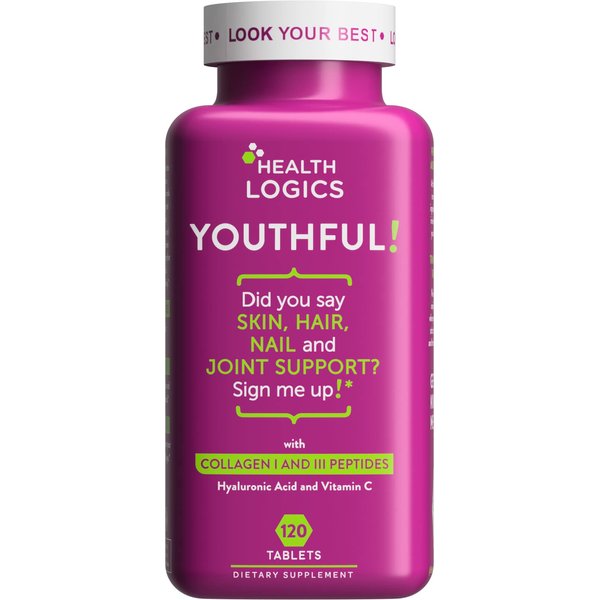 Health Logics Youthful Collagen 6,000 mg | Collagen Peptides Types 1 and 3 with Hyaluronic Acid and Vitamin C | Anti-Aging Collagen for Healthy Joints & Skin | 120 Collagen Tablets