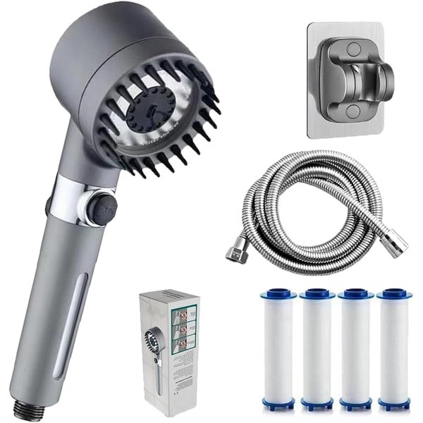 Ion Drops Shower Head with 4 Replacement Cartridges & Stainless Steel Hose, Reusable, Iondrops Filtered Showerhead with Handheld for Hard Water