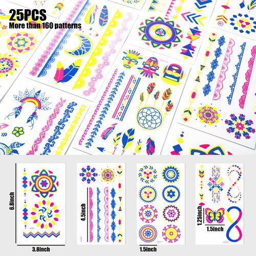Koogel 25 Sheets Glow in Dark Temporary Tattoos, 160PCS Glow Tattoo Stickers Waterproof UV Neon Face Tattoos for Boys Girls Women Men Party Supplies