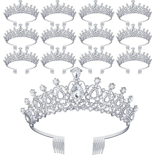 Loetere 12 Pcs Crystal Tiara and Princess Crown with Comb Crown Rhinestone Women Girls Tiara Headpiece Queen Hair Accessories for Birthday Party Wedding Prom Halloween Cosplay Costume(Silver, Silver)