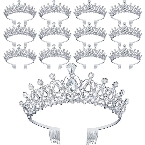 Loetere 12 Pcs Crystal Tiara and Princess Crown with Comb Crown Rhinestone Women Girls Tiara Headpiece Queen Hair Accessories for Birthday Party Wedding Prom Halloween Cosplay Costume(Silver, Silver)