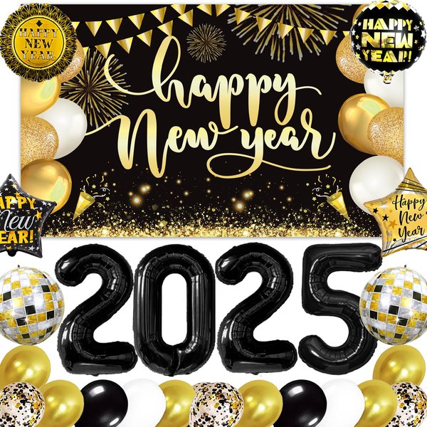 New Years Eve Party Supplies 2025, 2025 New Year Party Decorations for NYE Happy New Year Decorations 2025 with 40 Inch 2025 Balloons, Backdrop for New Years Eve Party Supplies Decorations
