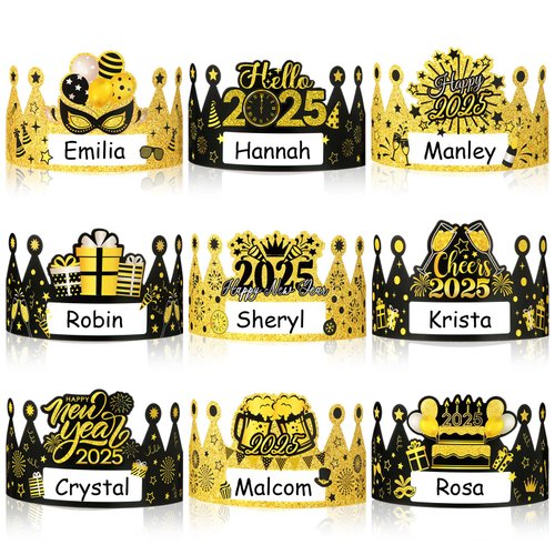 Faccito 36 Pcs Happy New Years Paper Crowns Name DIY New Years Eve Hats Crown Adjustable Hats for 2025 Happy New Year's Party Decorations Favors Supplies, 9 Styles(Black Gold)