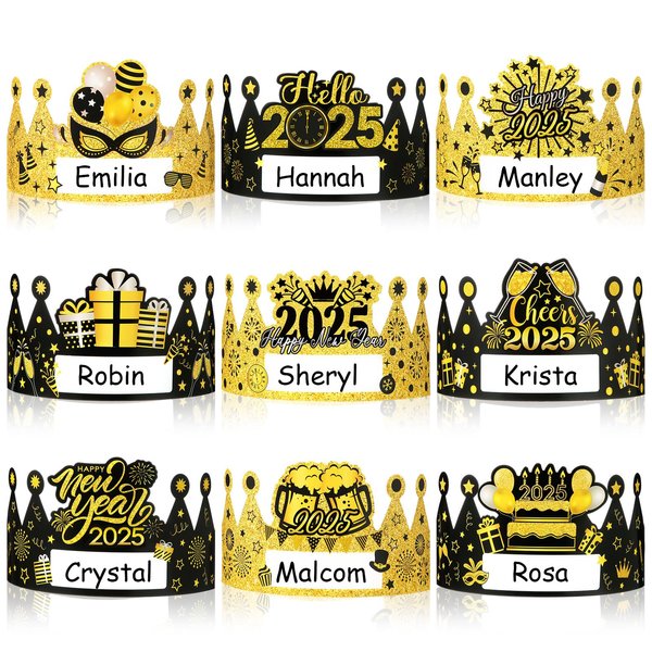 Faccito 36 Pcs Happy New Years Paper Crowns Name DIY New Years Eve Hats Crown Adjustable Hats for 2025 Happy New Year's Party Decorations Favors Supplies, 9 Styles(Black Gold)