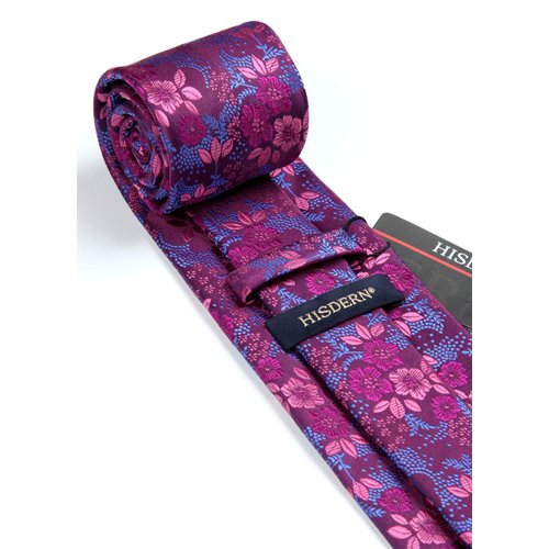 HISDERN Men's Floral Tie Handkerchief Jacquard Woven Classic Men's Necktie & Pocket Square Set,Hot Pink / Blue,8.5cm / 3.4 inches in Width