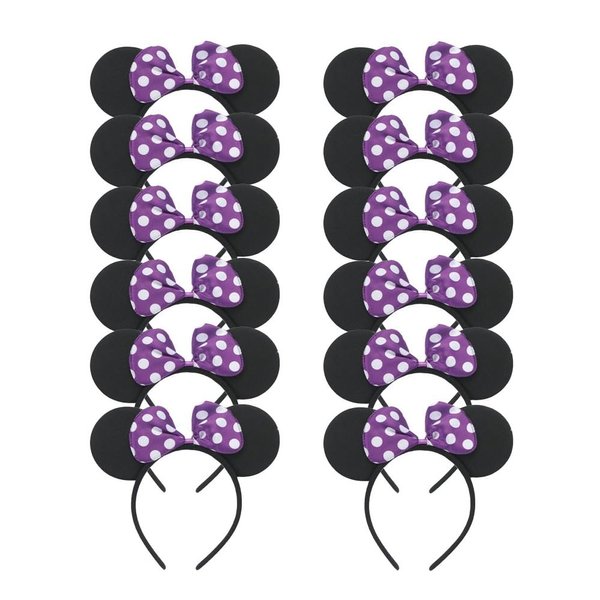 JORCEDI 12 Pcs Mouse Costume Deluxe Fabric Ear Headband Party Headwear Black (Purple)