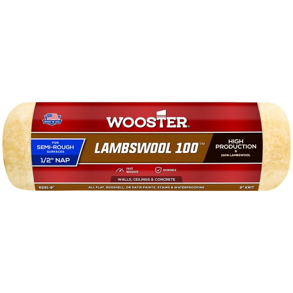 Wooster Brush R291-9 Lambswool 100 Roller Cover, 1/2-Inch Nap, 9-Inch