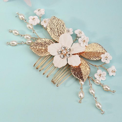 Leaf Bridal Hair Clip for Women White and Gold Hair Side Comb for Bride Wedding and Party Accessory