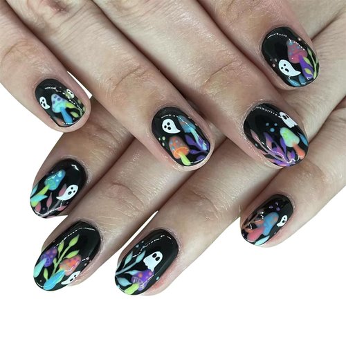 LBPEPAMZ Halloween Extra Short Press on Nails, Black Gothic Matte Mushroom Devil Glue on Gel Nails,Reusable Glossy Stick on Nails Squoval Artificial Nails for Women Manicure Nail Decor 24 Pcs