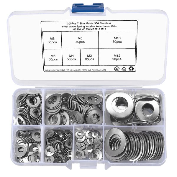 Wave Spring Washers, 300 Pcs 304 Stainless Steel Curved Spring Washers, Wave Washers Springs Gaskets Assortment Kit, Metric M3/M4/M5/M6/M8/M10/M12
