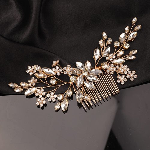 Teyglen Rhinestone Flower Bride Wedding Hair Comb Headband Crystal Hair Pieces Headpieces with Rhinestones Hair Accessories Handmade Bridal Side Hair Combs for Women Bride Girls (Rose gold)