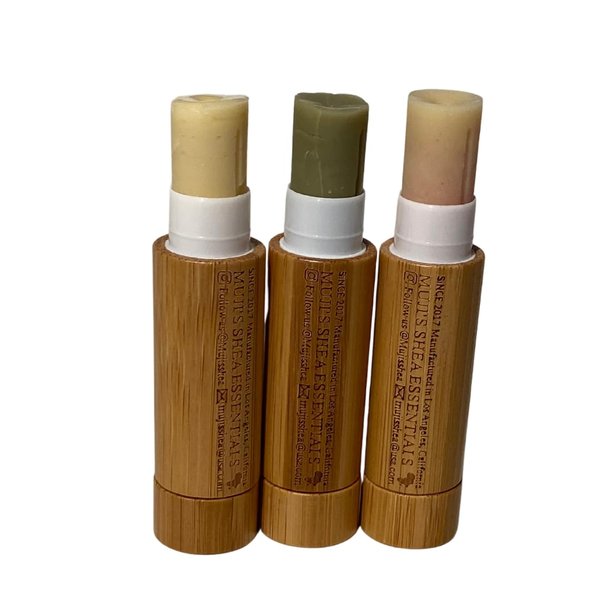 Muji's Shea Essentials Vegan Lip Balm Set of 3, Watermelon + Matcha + Raspberry Lip Balm, 18 grams, Plant Base All-Natural Lip Moisturizer, Bamboo Lip Balm Tube, Eco-Friendly, Cruelty-Free