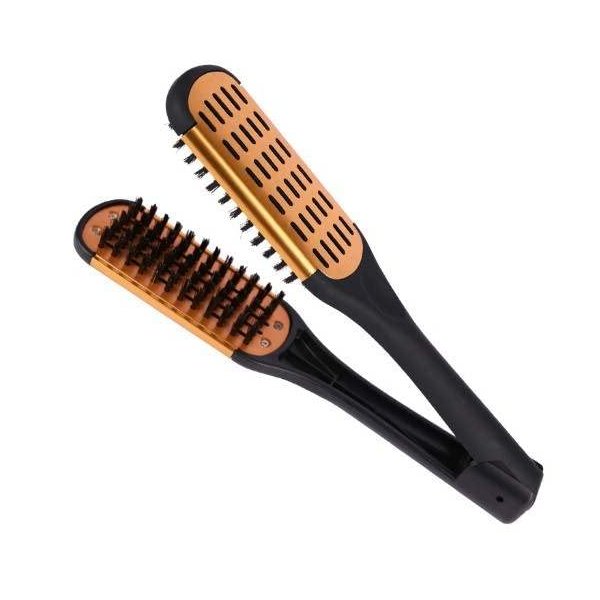BeaverStrong Boar Bristle Double Sided Hair Straightener Brush with Metal Plates - Anti-Static Handle and Hair Dryer Friendly (Golden)