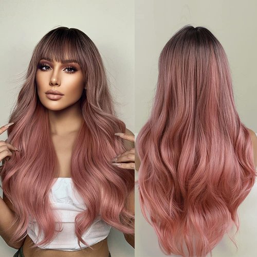 Qihang Pink Wig with Bangs Long Wavy Pink Wigs for Women Ombre Pink Curly Wavy Synthetic Wigs with Dark Roots for White Women Girls Daily Party Replacement 26 inch