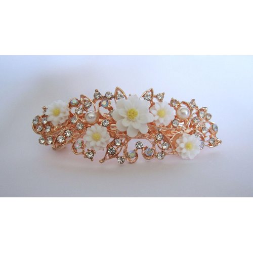Rose gold white flower crystal pearl hair clip bridal clip barrette