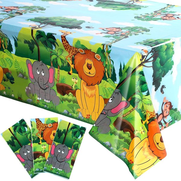 3 Pieces Jungle Animal Party Tablecloth Safari Animals Table Cover Plastic Zoo Jungle Safari Tablecloth for Kids Jungle Safari Theme Birthday Party Baby Shower Decorations and Supplies, 54 X 108 Inch