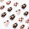 Short Press on Nails Cute Face Fake Nails Winter Brown Oval Glue on Nails Glossy Coffee with Checkerboard Flower Heart Design Short Nails Full Cover French Tip False Nails for Women Girls