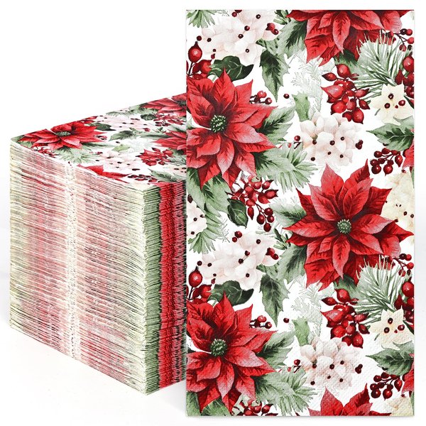Homlouue 100 PCS Christmas Napkins Disposable, 3-Ply Christmas Flower Poinsettia Christmas Paper Napkins, Christmas Hand Towels for Bathroom, Christmas Guest Towels for Winter Xmas Holiday Party