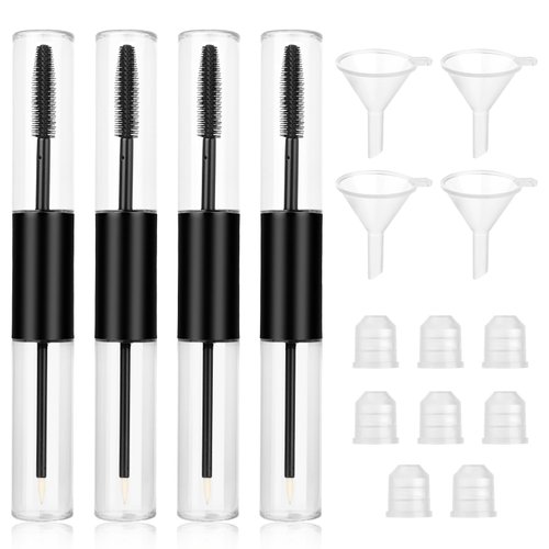 4 Pack Empty Mascara Tube and Wand Dual 2-in-1 Mascara Wand and Eyeliner Tube Refillable Mascara Tube with Funnel for castor oil Eyebrow Growth Serum