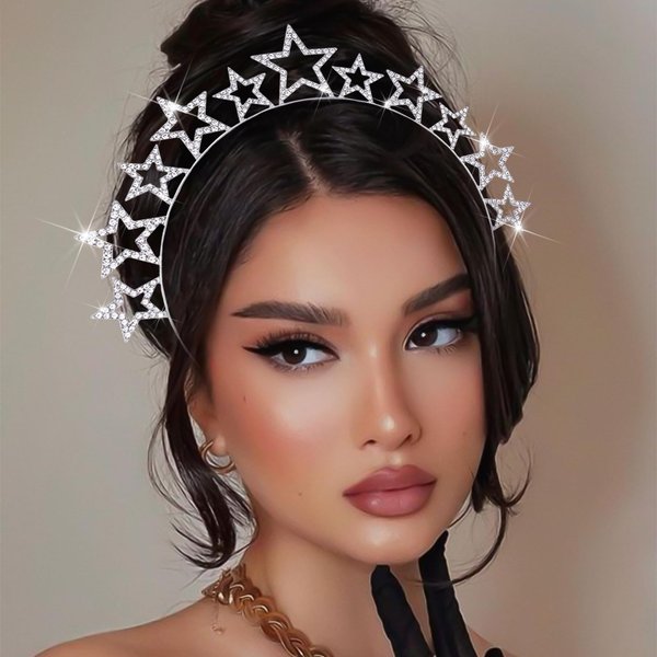 SAWINDA Stars Tiaras Headband for Women Girls Silver Rhinestone Halo Crown Headpiece Fairy Wedding Party Festival Greek Goddess Hair Accessories