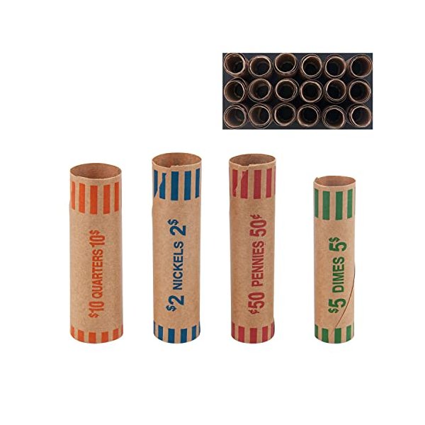 NATURALABEL 72 Assorted Coin Wrappers Rolls - 18 Quarters, 18 Pennies, 18 Nickels, 18 Dimes, Durable Preformed Paper Coins Tubes, Change Rolls Wrappers (72pcs)