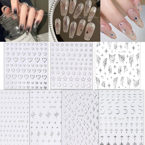 NOOEPC 7 Sheets Metallic Mirror Silver Nail Stickers Nail Art for Women 3D Star Nail Art Stickers Nail Decals for Self-Adhesive Nail CharmsY2k Butterfly Nail Stickers for Nail Art