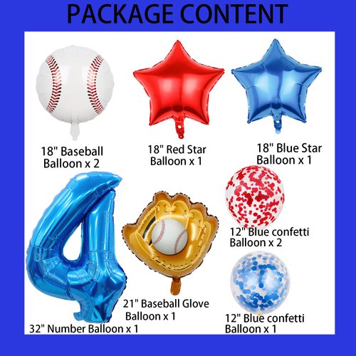 HADCKJA Baseball Balloon Baseball Birthday Party Supplies Number 4 Balloon Baseball Glove Balloon Red Blue Star Red Blue Confetti Balloon for Boy Shower Decorations Birthday Party Decorations 9Pcs