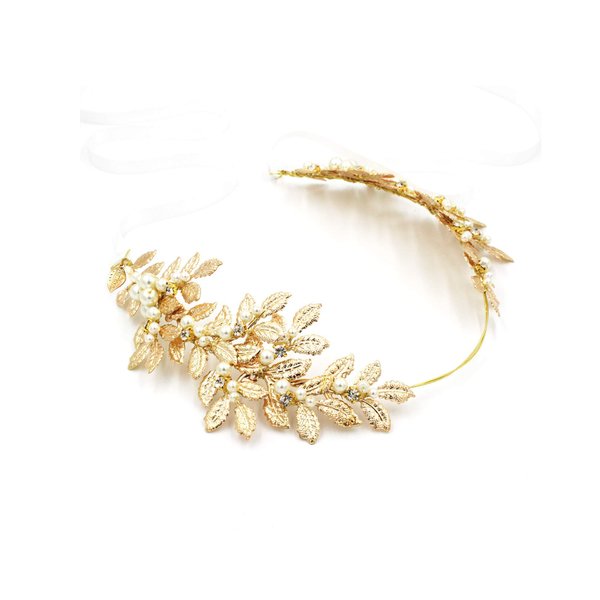The White Ribbon at the 2 Ends for Tying a Bow Hair Accessory Roman Goddess Leaf Branch Dainty Pearls Bridal Headpiece Head Dress Boho Alice Band with Crystal (Rose Gold, 16"))