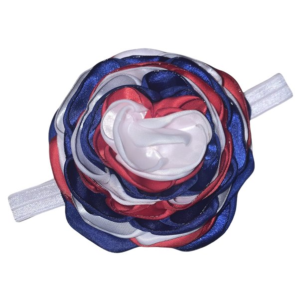 Red, White, and Blue Satin Flower Elastic Headband Fourth of July