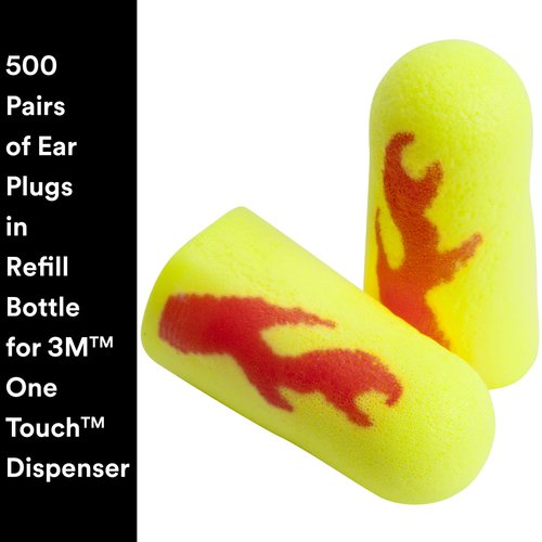 3M Ear Plugs, 500 Pair/Refill Bottle for One Touch Dispenser, E-A-Rsoft Yellow Neon Blasts 391-1010, Uncorded, Disposable, NRR 33, Drilling, Grinding, Machining, Sawing, Sanding, Welding