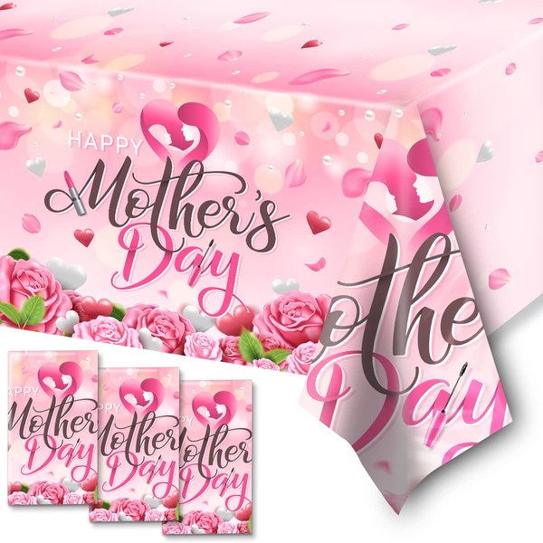 HAKOTI Happy Mother’s Day Party Supplies,3PCS Mother’s Day Plastic Tablecloths Waterproof Rectangle Table Covers for Best Mom Birthday Gift(Tablecloth)