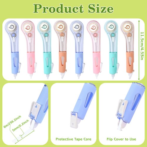 Valtiner 8 Pcs Correction Tape Pens, Aesthetic White Pull Out Tape, Comfortable Pen Shaped for Instant Corrections, Easy to Use Applicator for School Office Supplies, 6M/256" X 0.2" (Multicolor)