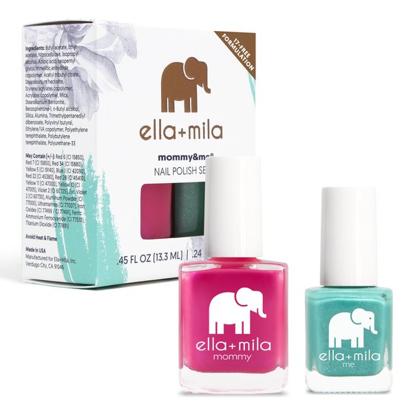ella+mila Mommy & Me Nail Polish Set - Chip Resistant, Long Lasting & Quick Dry Nail Polish Set Non Gel - 17-Free Fast Dry Nail Polish Set in Cosmo Pink (.45 Fl.Oz.) & Glitter Me Green (.24 Fl.Oz.)