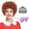 shecool Brown Red Curly Wig for Women Mrs Roper Wig with Glasses Short Curly Wigs for Mrs Roper Costume Women Curly Wavy Ginger Wig for Halloween Costume with Wig Cap SL031