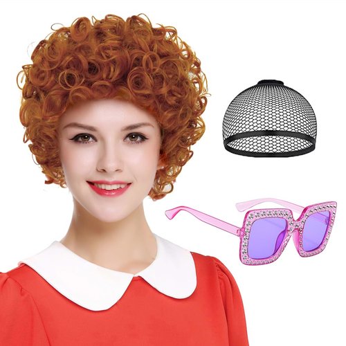 shecool Brown Red Curly Wig for Women Mrs Roper Wig with Glasses Short Curly Wigs for Mrs Roper Costume Women Curly Wavy Ginger Wig for Halloween Costume with Wig Cap SL031