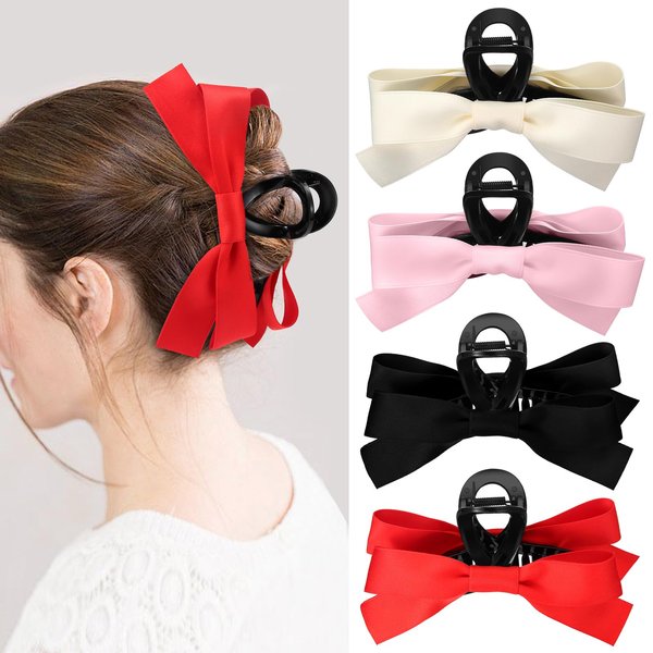 Big Bow Claw Clip for Women Girl,4pcs Hair Bow Barrette Nonslip Claw Clip for Thin Thick Curly Hair | Bow Hair Dress Up Accessories for Birthday Party Christmas Thanksgiving | Black Beige Red Pink