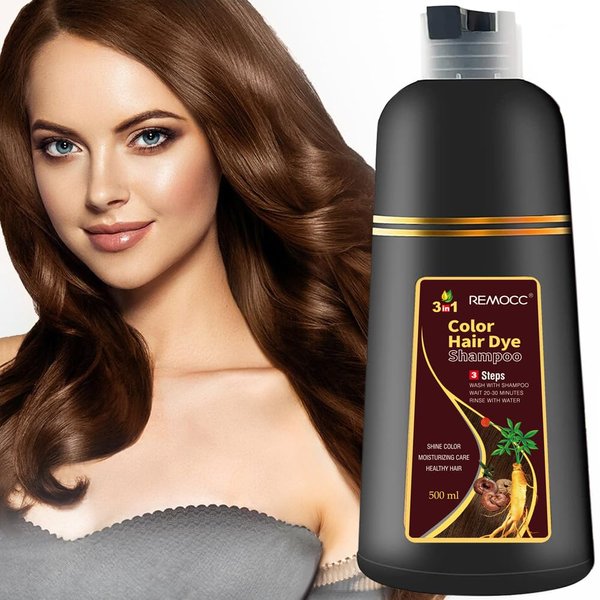 Remocc Instant Brown Hair Dye Shampoo for Women Men, Hair Coloring Shampoo for Gray Hair, 500ml Herbal Ingredients 3 in 1 Brown Hair Dye - 100% Gray Coverage Coloring in Minutes 16.9 Fl Oz