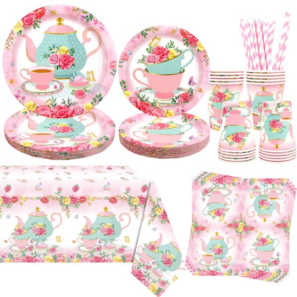 KEFAN Tea Birthday Party Decorations, Tea Theme Party Tableware Supplies including Plates, Cups, Napkins, Tablecloth (20)
