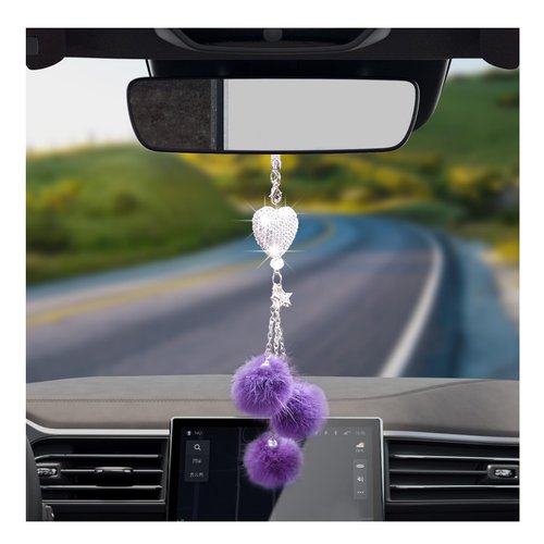 Dickno Bling Car Hanging Ornament, Cute Love Heart and Pink Plush Ball Rear View Mirror Pendant for Women Girls, Crystal Auto Rearview Mirror Charm Decor Accessories for All Vehicles (Purple)