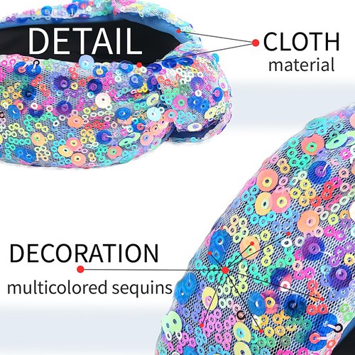 Sequin Knot Headband for Girls, Fashion Sparkly Blue Wide Hair Bands Elastic Cute Top Knot Headwear Hairbands Back to School Head Boppers Party Supplies for Kids Hair Hoop 1PCS