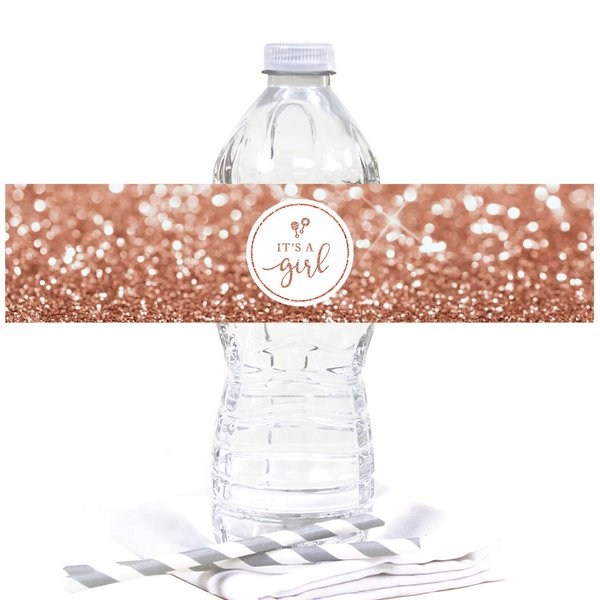 Andaz Press Glitzy Faux Rose Gold Glitter Water Bottle Baby Shower Sticker Labels, It's a Girl!, Rattle Graphic, 20-Pack