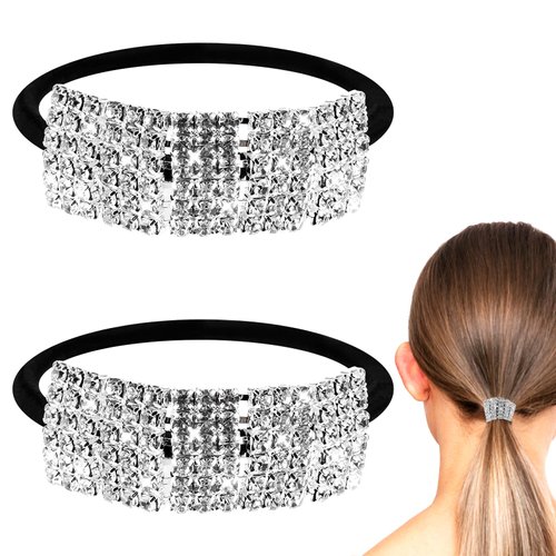2 Pcs Rhinestone Ponytail Holder Sparkly Hair Ties Rhinestone Hair Tie Elastics Scrunchies Fancy Crystal Hair Ties Headband Hair Accessories For Thin Thick Hair Women Girls Hair Bands Silver