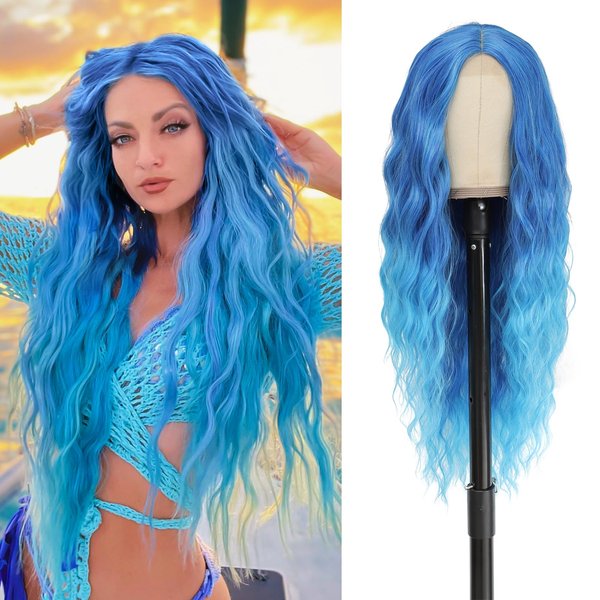 BUPPLER Cosplay Long Blue Wig 28 Inch Middle Part Synthetic Wig Realistic Gifts Party Wigs for Women Daily Use Colorful Wigs (Blue)