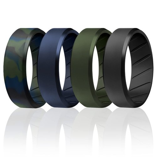 ROQ Silicone Rubber Wedding Ring for Men, Comfort Fit, Men's Wedding Band, Breathable Rubber Engagement Band, 8mm Wide 2mm Thick, Beveled Edge, 4 Pack, Olive Blue Camo, Black, Blue, Green, Size 11