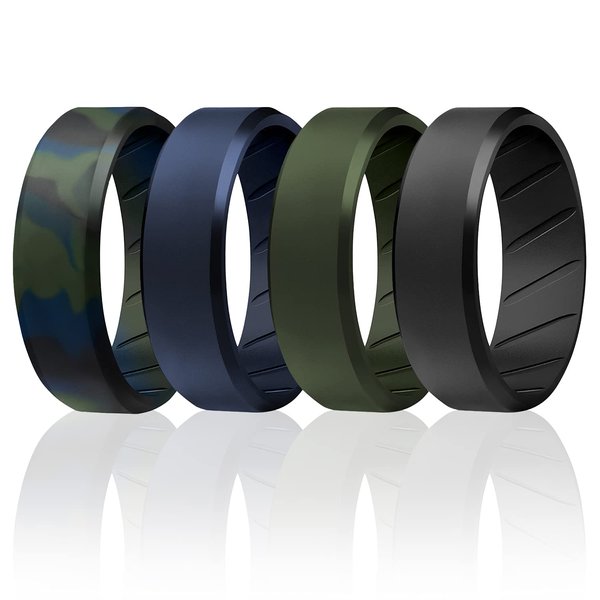 ROQ Silicone Rubber Wedding Ring for Men, Comfort Fit, Men's Wedding Band, Breathable Rubber Engagement Band, 8mm Wide 2mm Thick, Beveled Edge, 4 Pack, Olive Blue Camo, Black, Blue, Green, Size 11