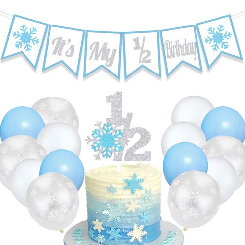 Winter 1/2 Birthday Decoration Snowflake Half Banner Cake Topper Balloons Party Supplies Blue
